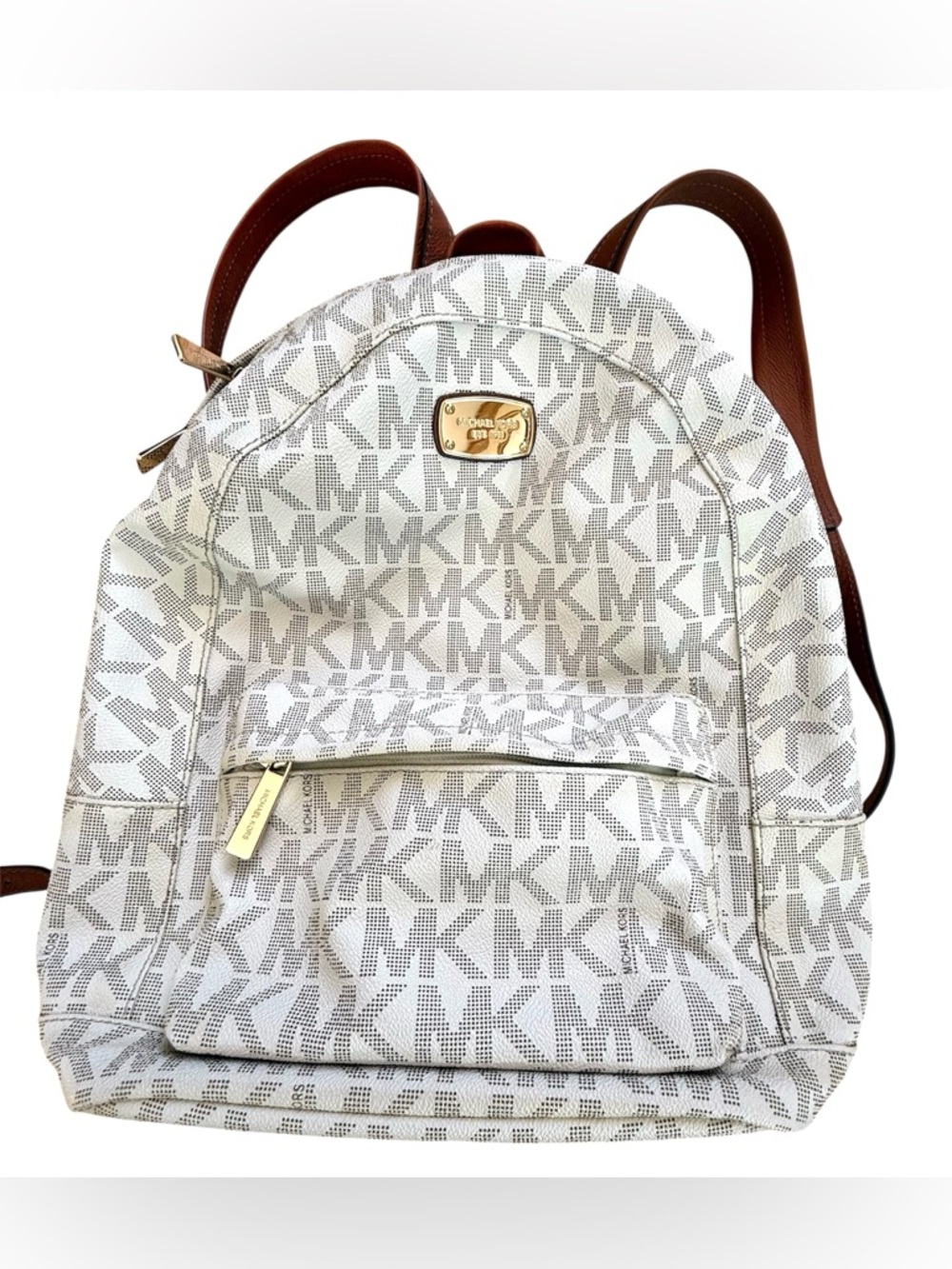 Michael Kors MK Signature Backpack Vanilla Brown Leather Trim Medium Zip Bag